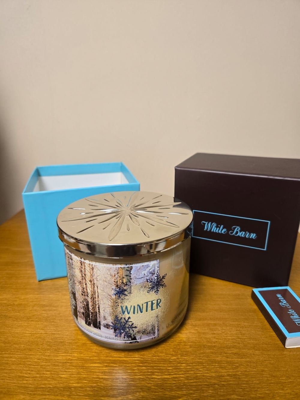 White Barn Winter Candle with Metallic Silver Lid and Blue Accents